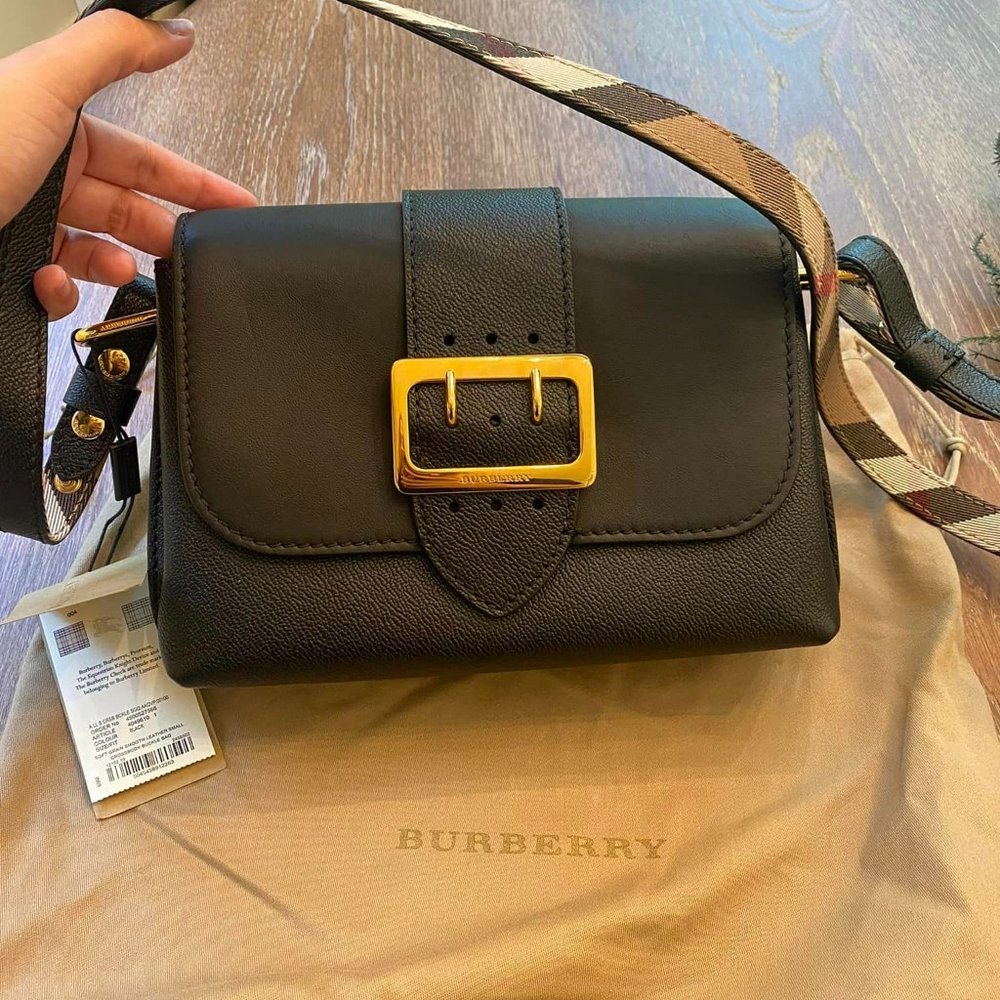 Burberry Black Leather Crossbody Bag with Gold Buckle